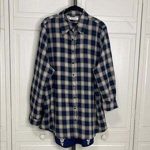 Paparazzi Blue Plaid Flannel Velvet Embroidered Button Down Shirt Size 2X Navy